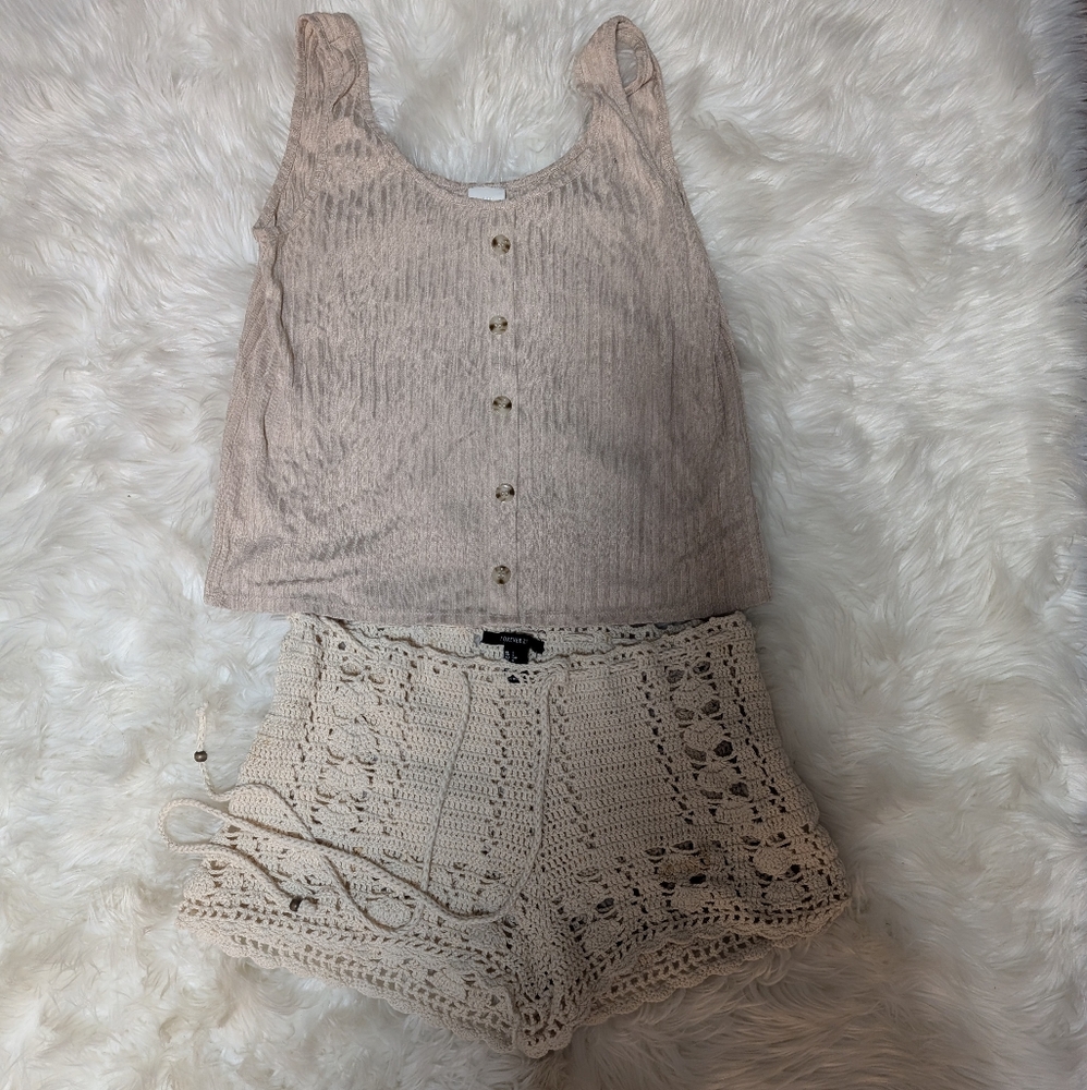 Beige Button-Front Tank and Crochet Shorts Set Denim Skirt Bundle